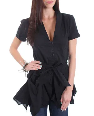 Black Tie Waist Pick Up Jagged Hem Eye Hook Button Front V-Neck Top