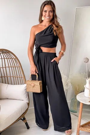 Black Tie Woven Top and Pants Set