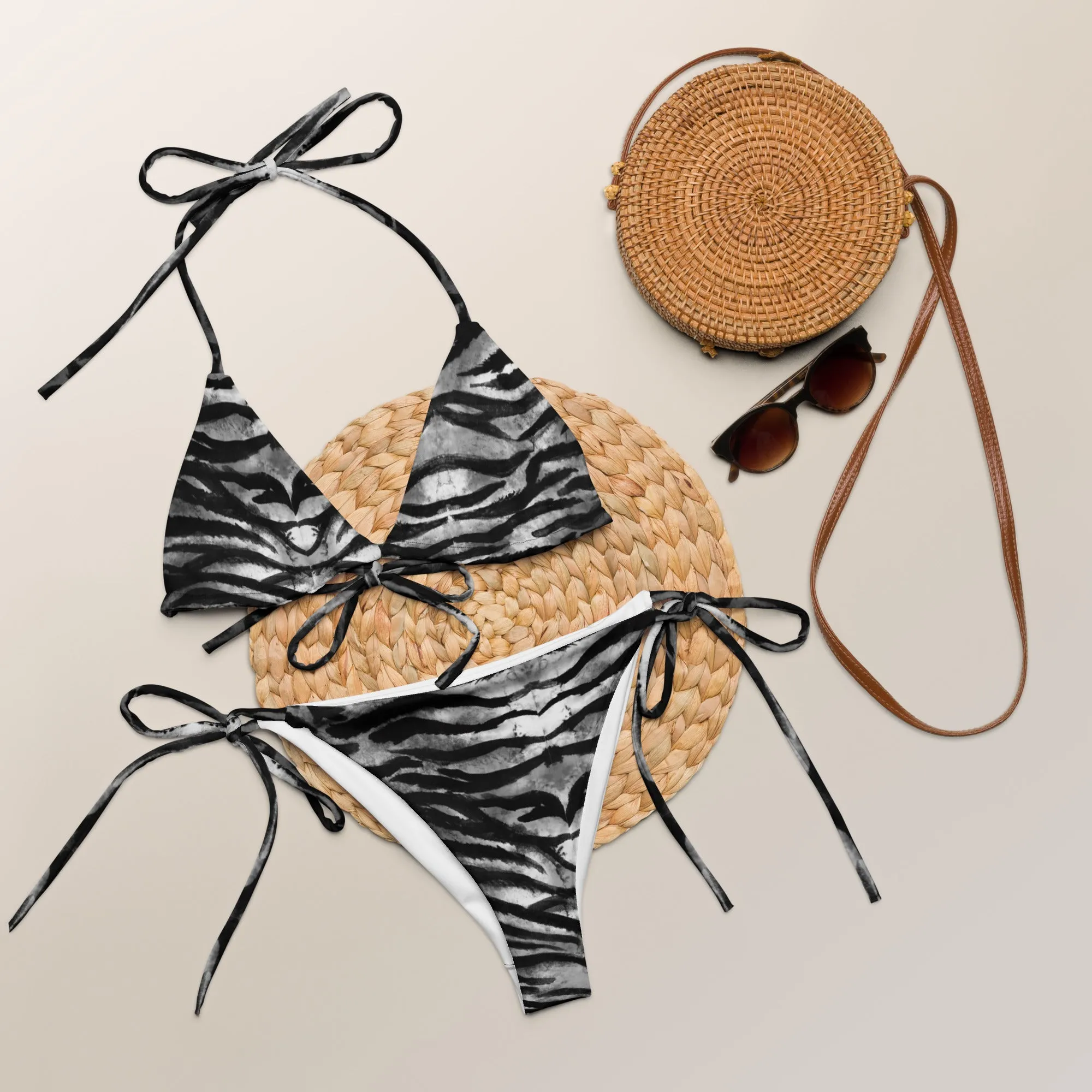 Black Tiger Striped Bikini Set, 2 pc Recycled String Bikini Set For Women - Made in USA/EU/MX  (US Size: 2XL-6XL)