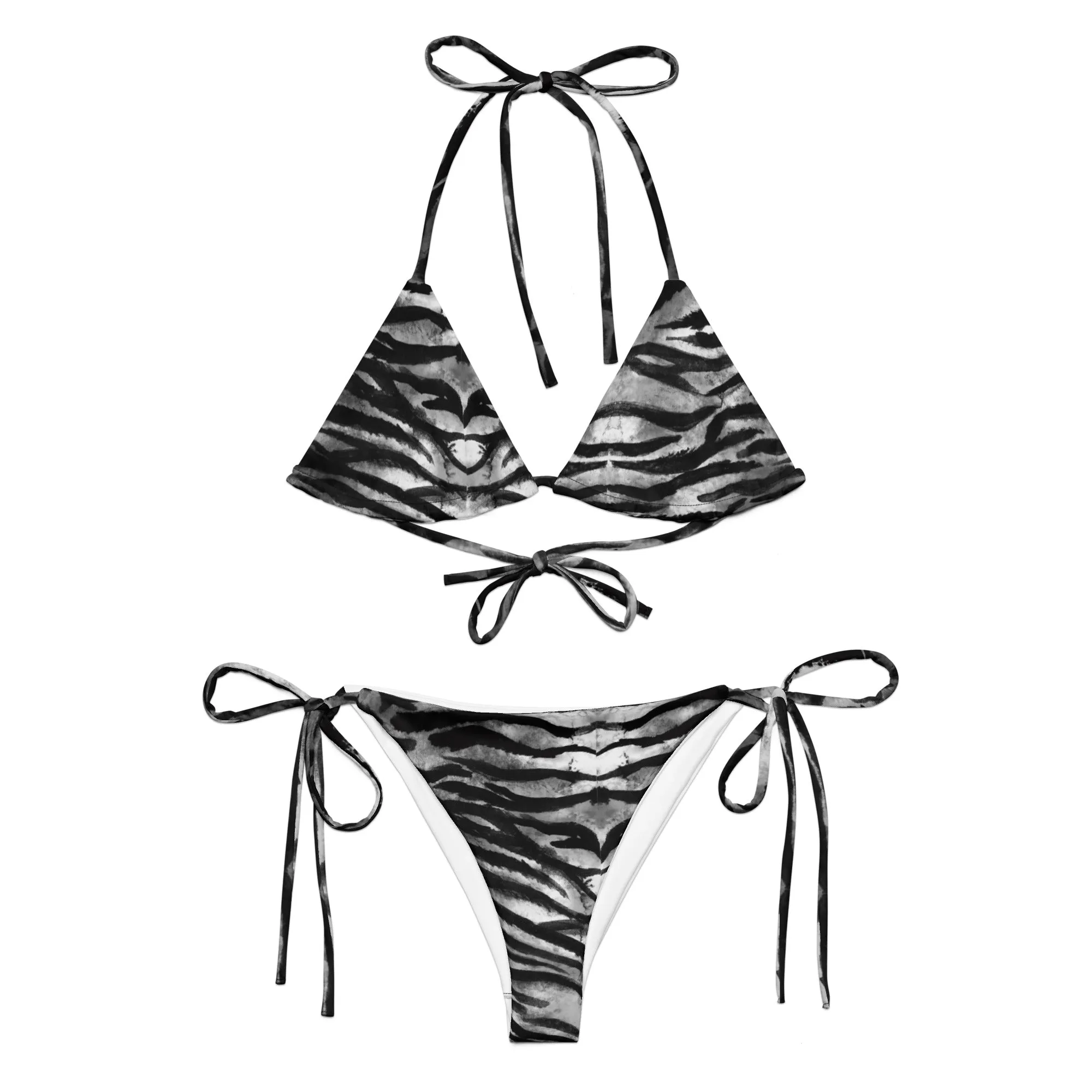 Black Tiger Striped Bikini Set, 2 pc Recycled String Bikini Set For Women - Made in USA/EU/MX  (US Size: 2XL-6XL)