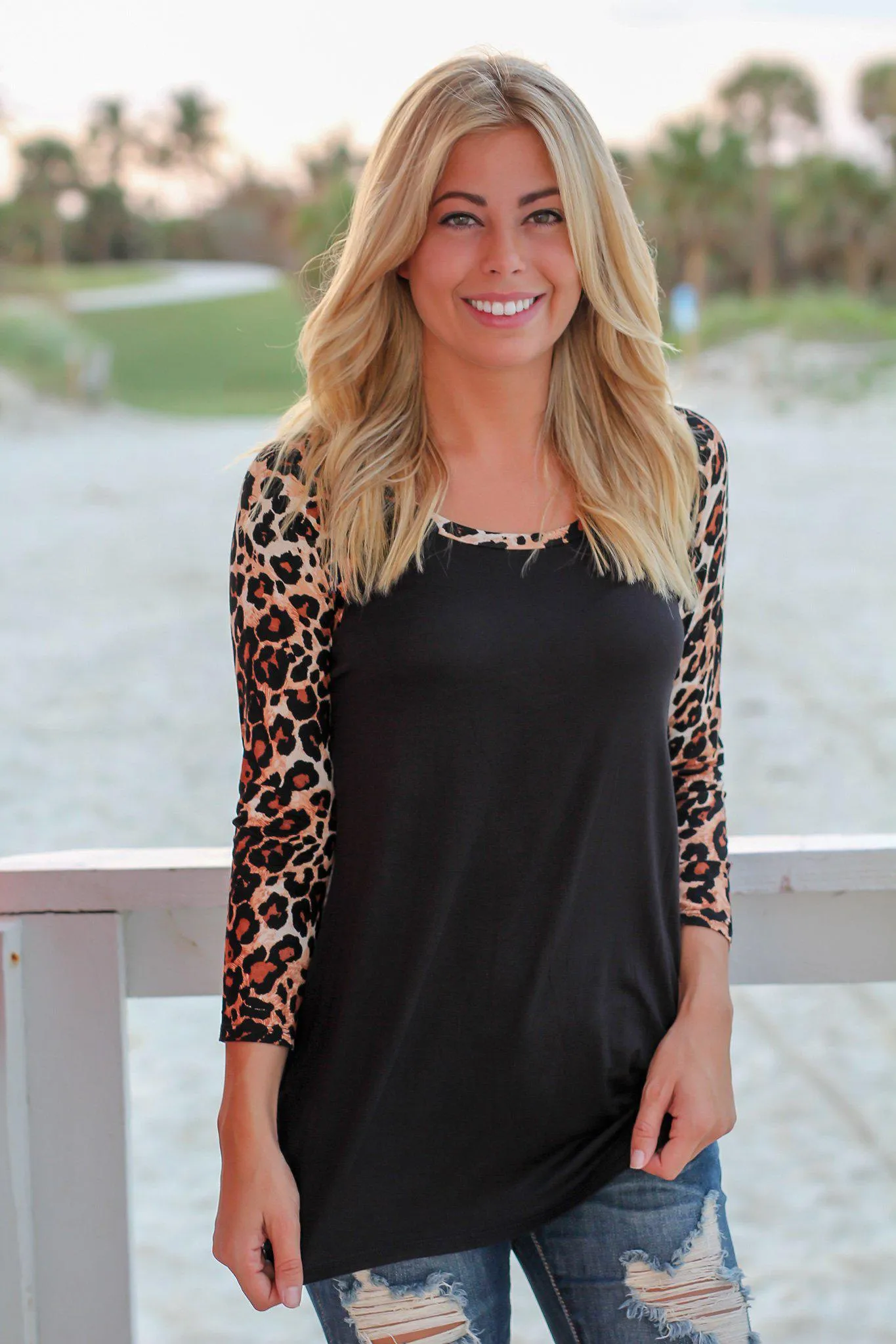 Black Top with 3/4 Leopard Sleeves