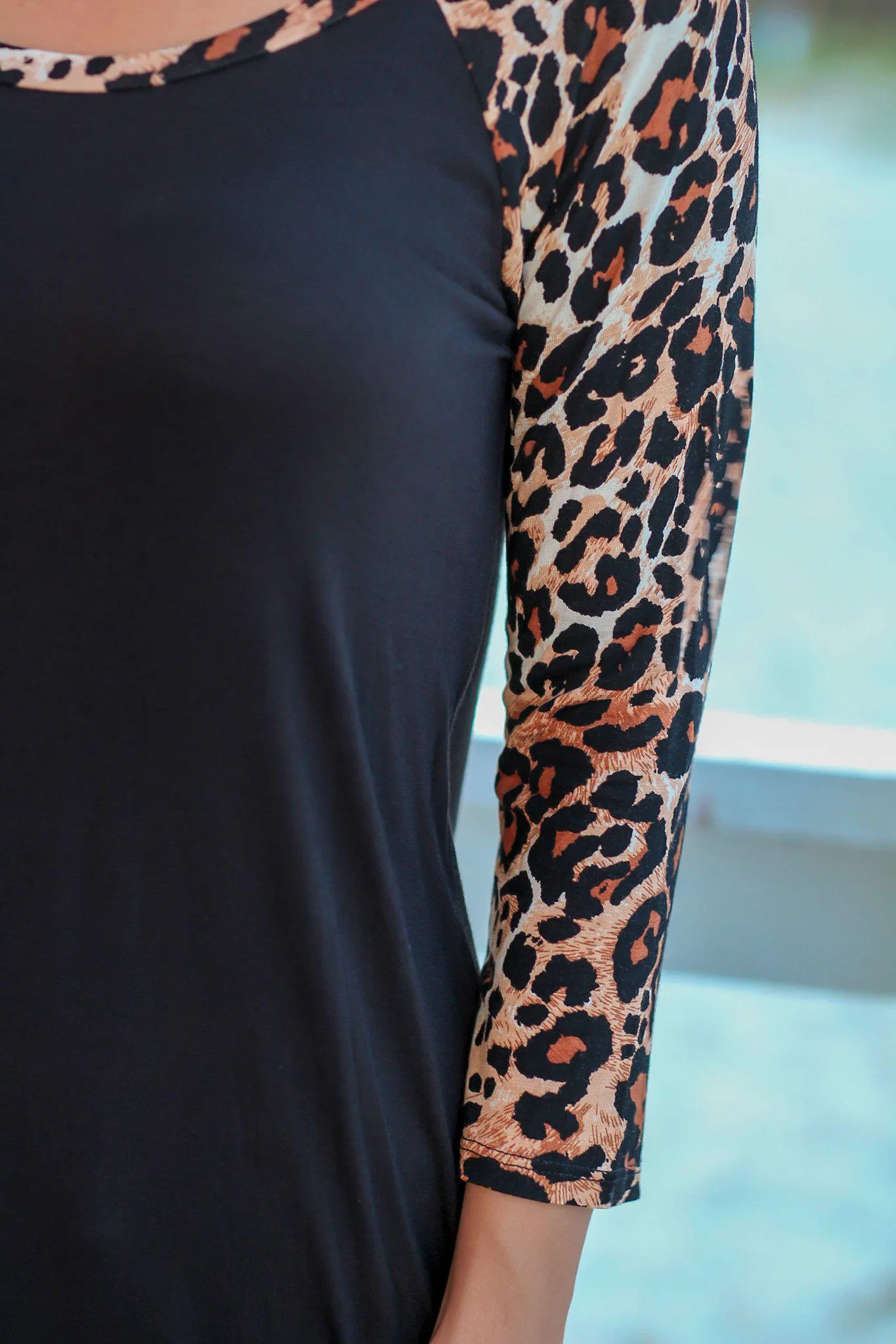 Black Top with 3/4 Leopard Sleeves