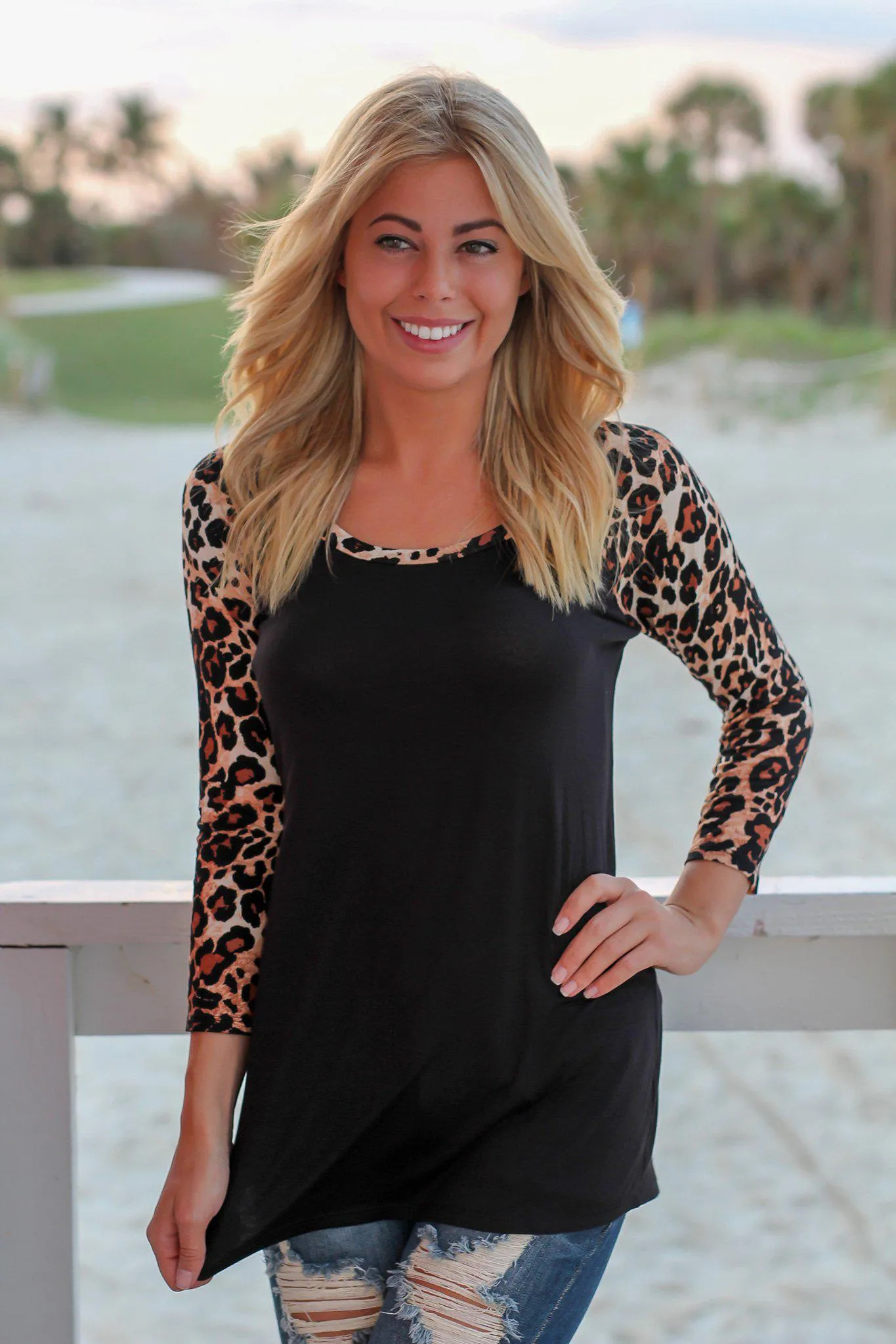 Black Top with 3/4 Leopard Sleeves