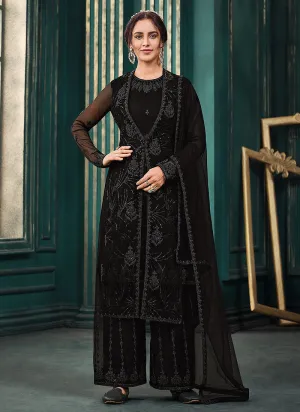 Black Traditional Embroidered Jacket Style Pant Suit