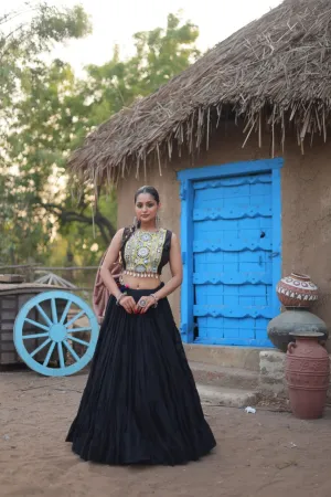 Black Traditional Reyon Lehenga Set with Embroidered Blouse and Koti