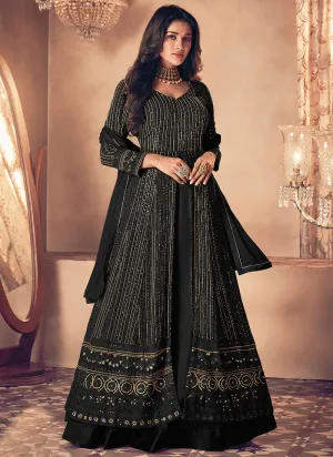 Black Traditional Sequence Embroidered Wedding Anarkali Lehenga