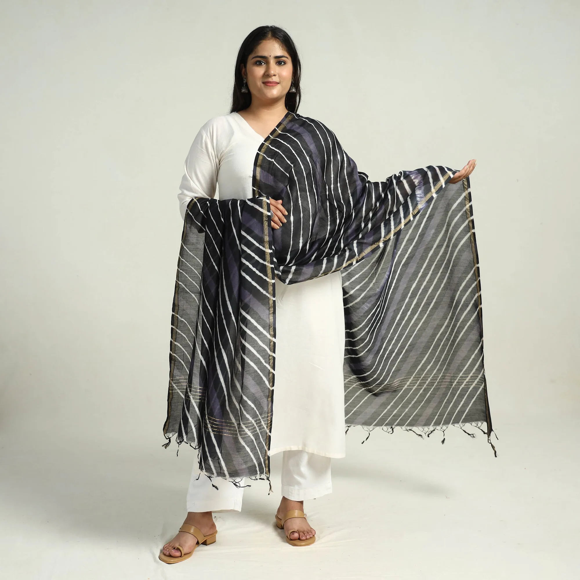 Black - Traditional Tie & Dye Chanderi Silk Leheriya Dupatta 43