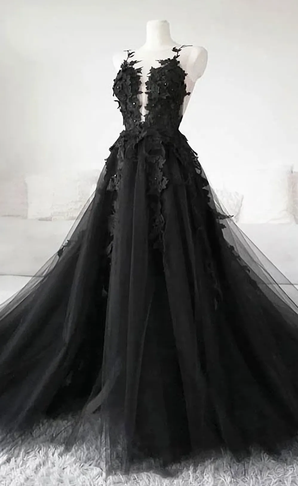 Black Tulle Lace Long Prom Dress Black Lace Evening Dress 2303