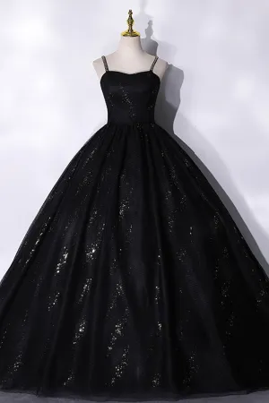 Black Tulle Sequins Long Prom Dress, Black Spaghetti Straps Evening Dress