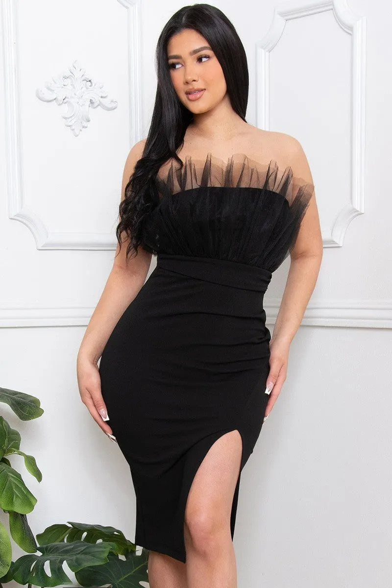 Black Tulle Strapless Mid Length Cocktail Dress