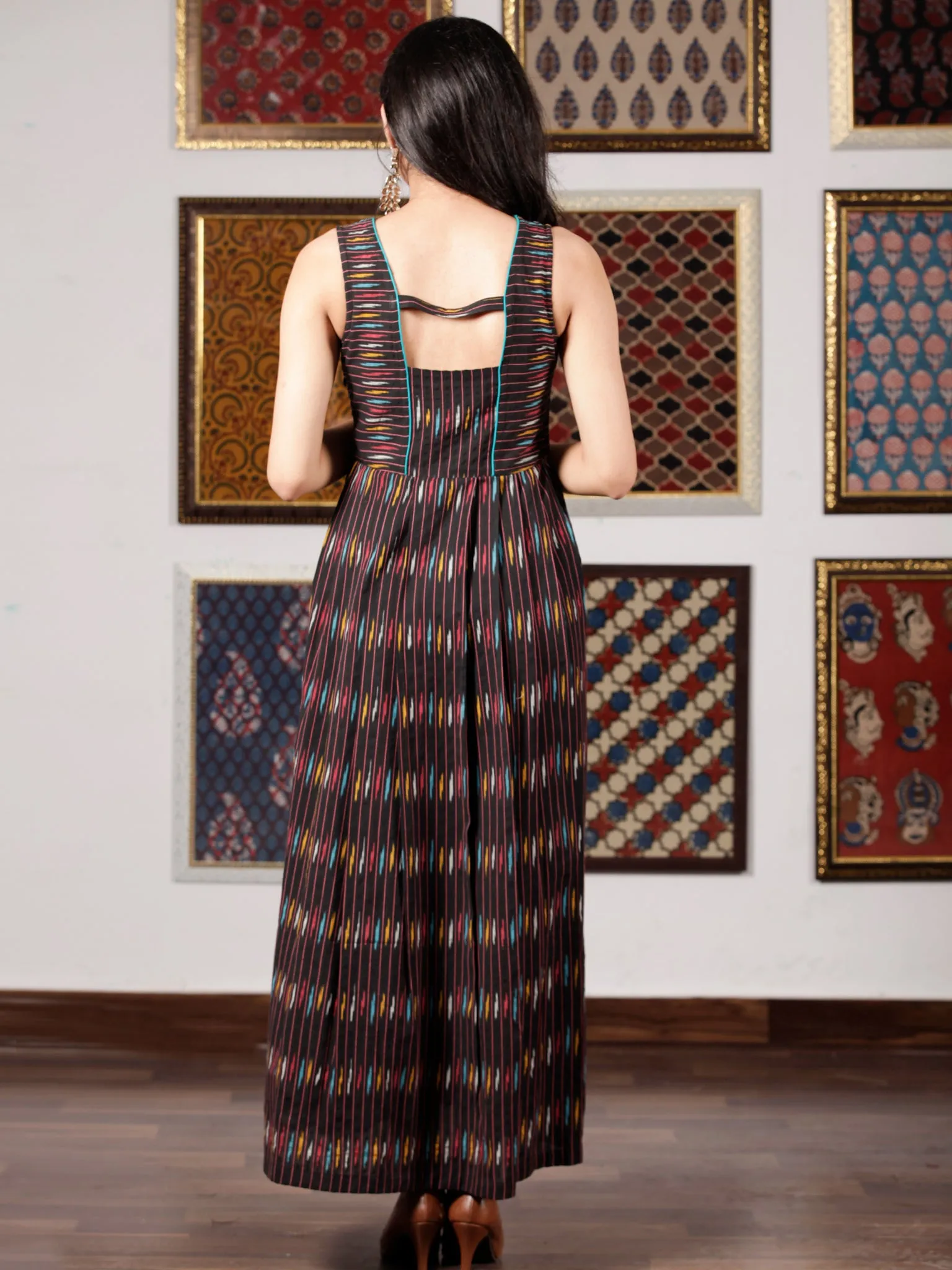 Black Turquoise White Yellow  Hand Woven Ikat Cotton Long Sleeveless Dress  - D267F1228