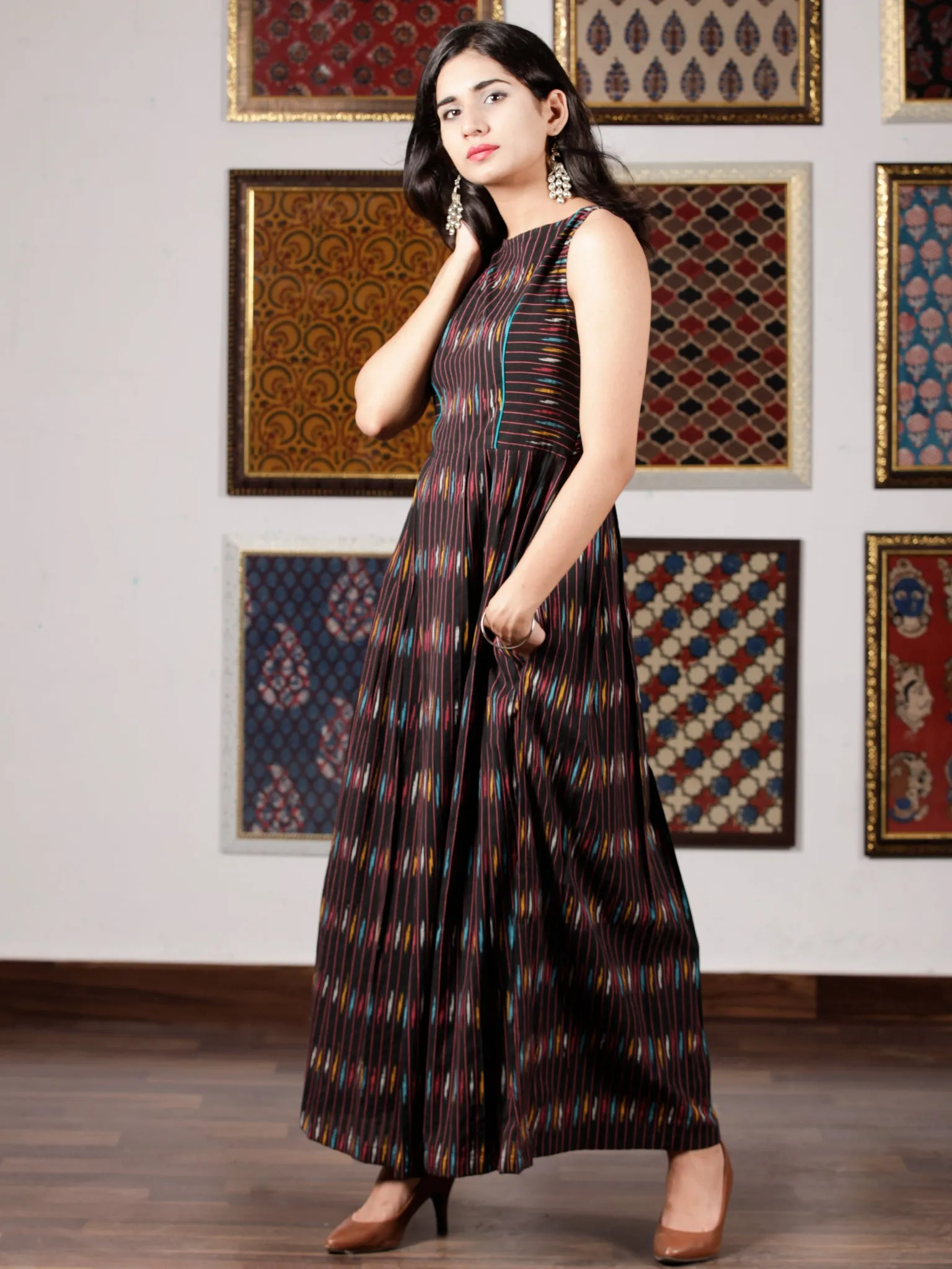 Black Turquoise White Yellow  Hand Woven Ikat Cotton Long Sleeveless Dress  - D267F1228