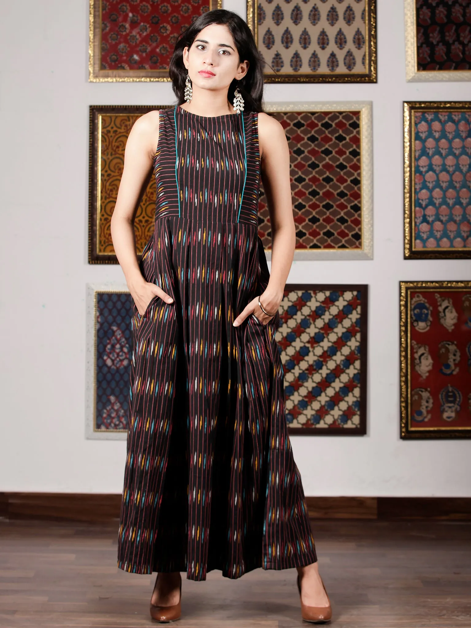 Black Turquoise White Yellow  Hand Woven Ikat Cotton Long Sleeveless Dress  - D267F1228