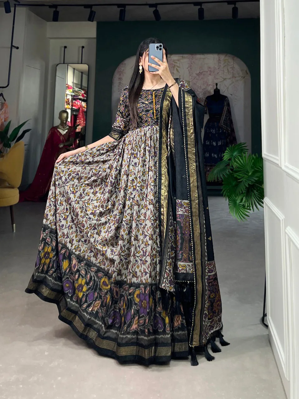 Black Tussar Silk Floral Gown with Foil Print & Dupatta