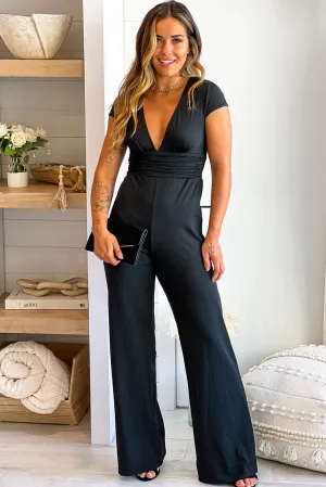 Black V-Neck Jumpsuit With Short Sleeves