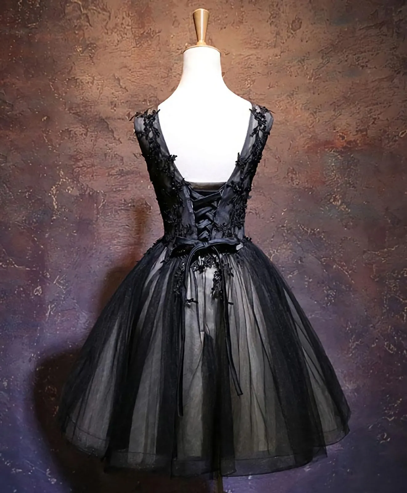 Black V Neck Lace Short Prom Dress, Black Party Dress