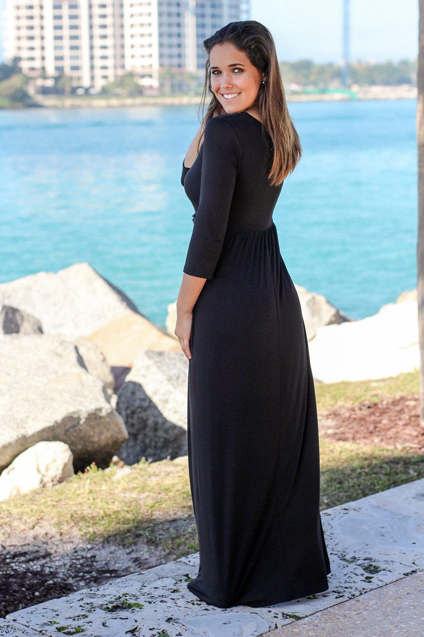 Black V-Neck Maxi Dress with 3/4 Sleeves