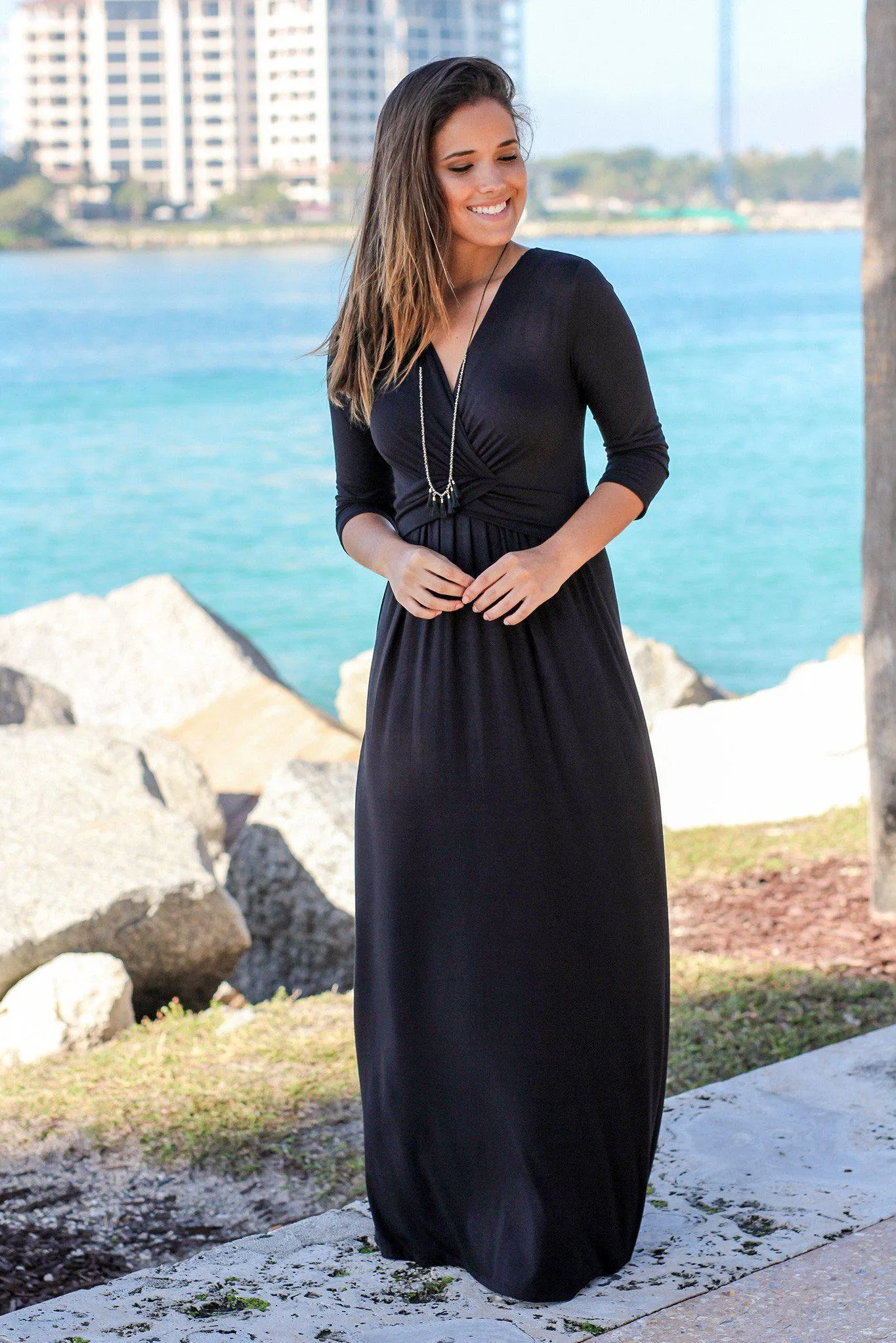 Black V-Neck Maxi Dress with 3/4 Sleeves