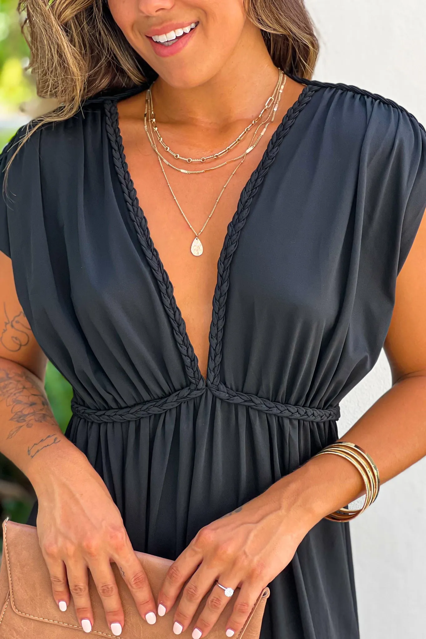 Black V-Neck Maxi Dress With Details