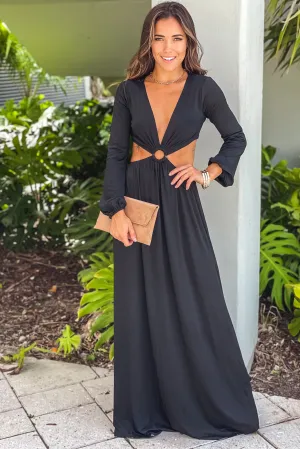 Black V-Neck Maxi Dress With Long Sleeves