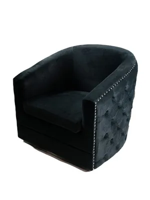 Black Velvet Chair With  Nailhead Trim, Button-Tufting, And Swivel Base