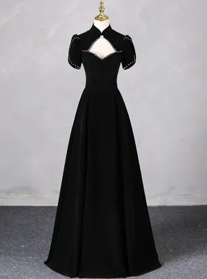 Black Velvet Short Sleeve High Neck Prom Dress