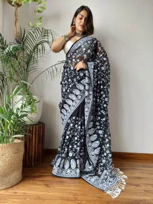 Black Viscose Organza Saree with Exquisite Chickenkari Embroidery – Paired with Elegant White Silk Blouse and Latkan