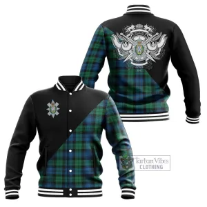 Black Watch Ancient Tartan Baseball Jacket with Family Crest and Military Logo Style