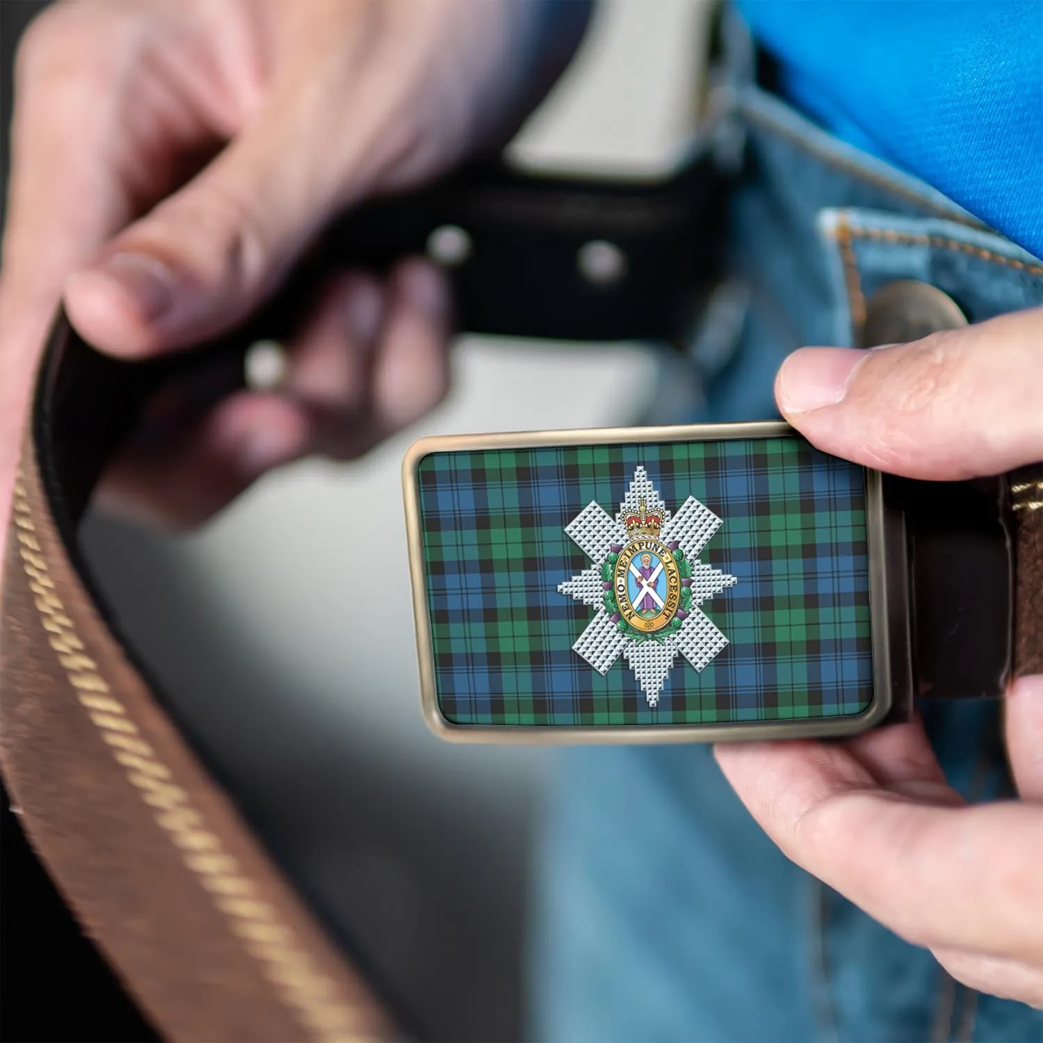 Black Watch Ancient Tartan Belt Buckles with Family Crest