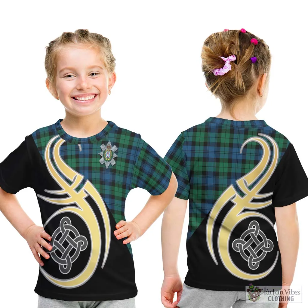 Black Watch Ancient Tartan Kid T-Shirt with Family Crest and Celtic Symbol Style