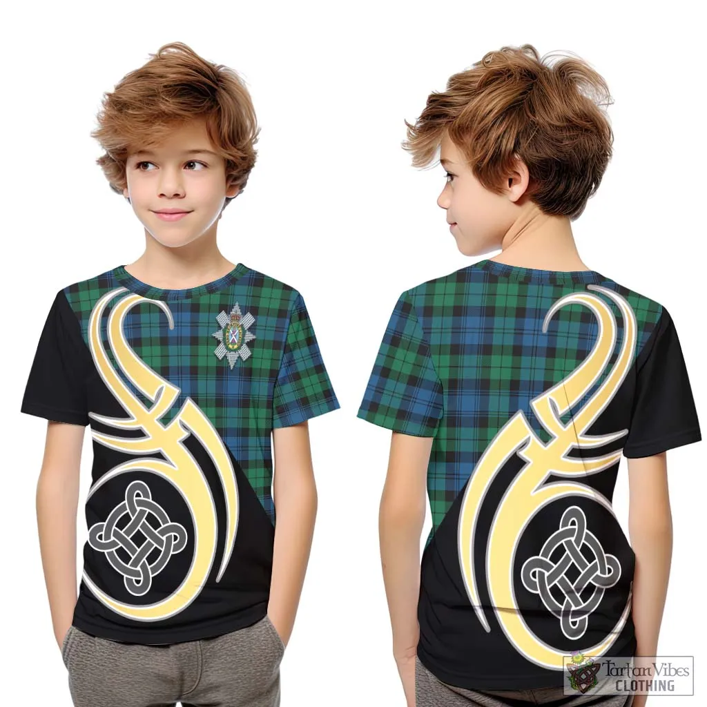 Black Watch Ancient Tartan Kid T-Shirt with Family Crest and Celtic Symbol Style