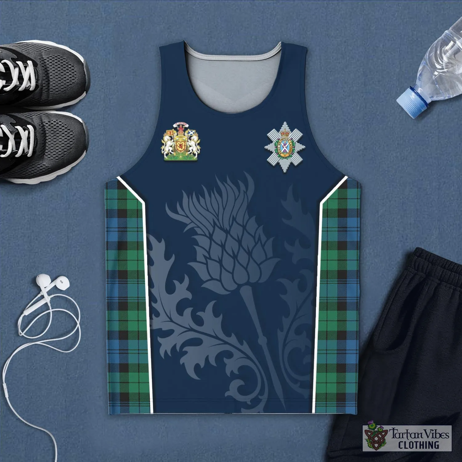 Black Watch Ancient Tartan Men's Tanks Top with Family Crest and Scottish Thistle Vibes Sport Style