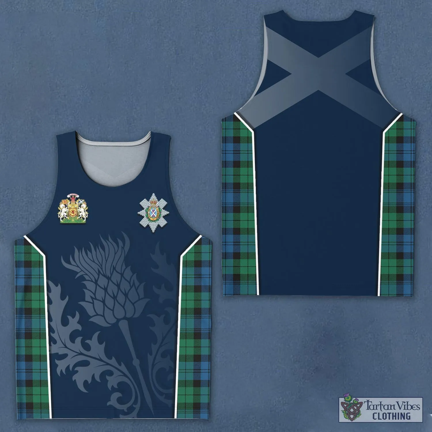 Black Watch Ancient Tartan Men's Tanks Top with Family Crest and Scottish Thistle Vibes Sport Style