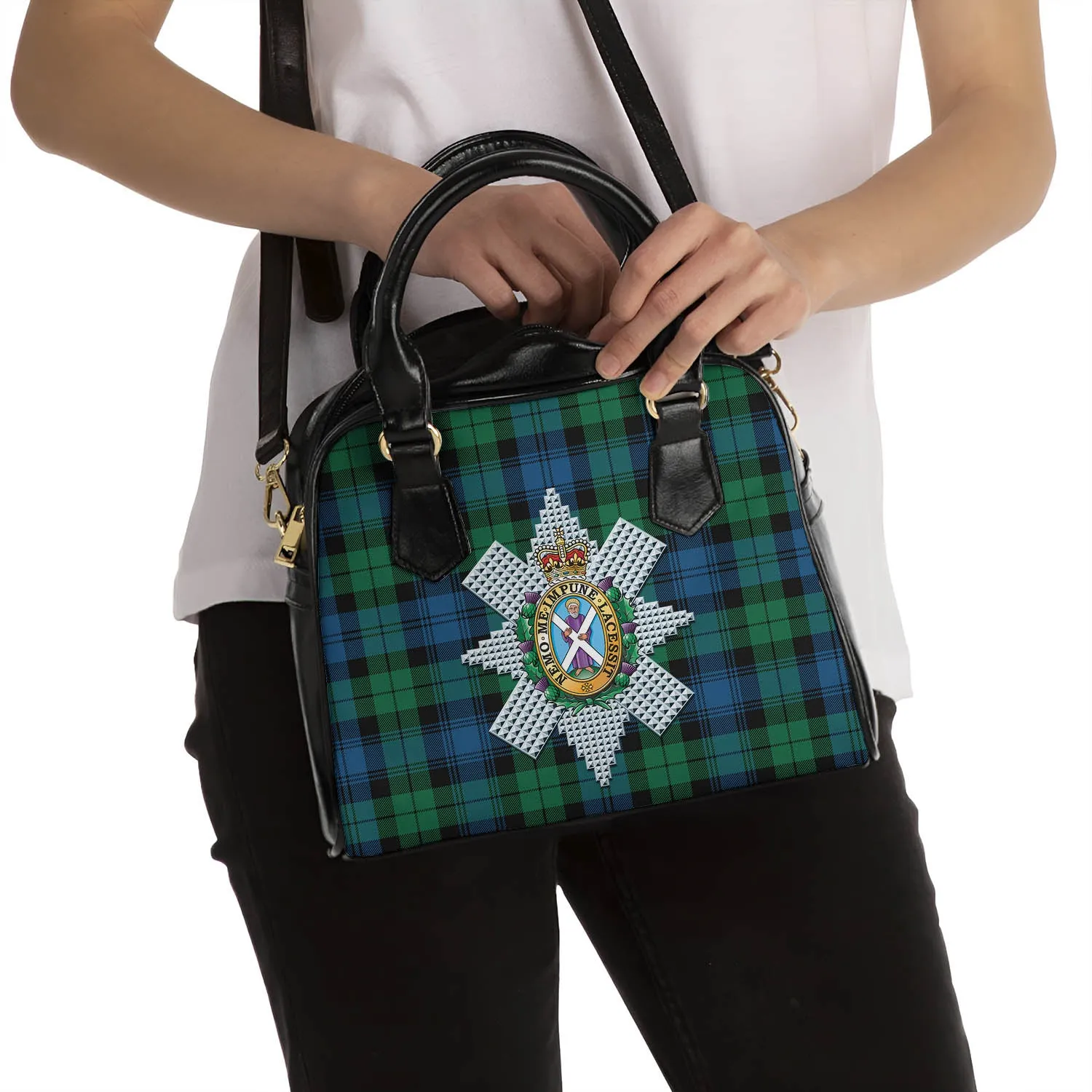 Black Watch Ancient Tartan Shoulder Handbags with Family Crest