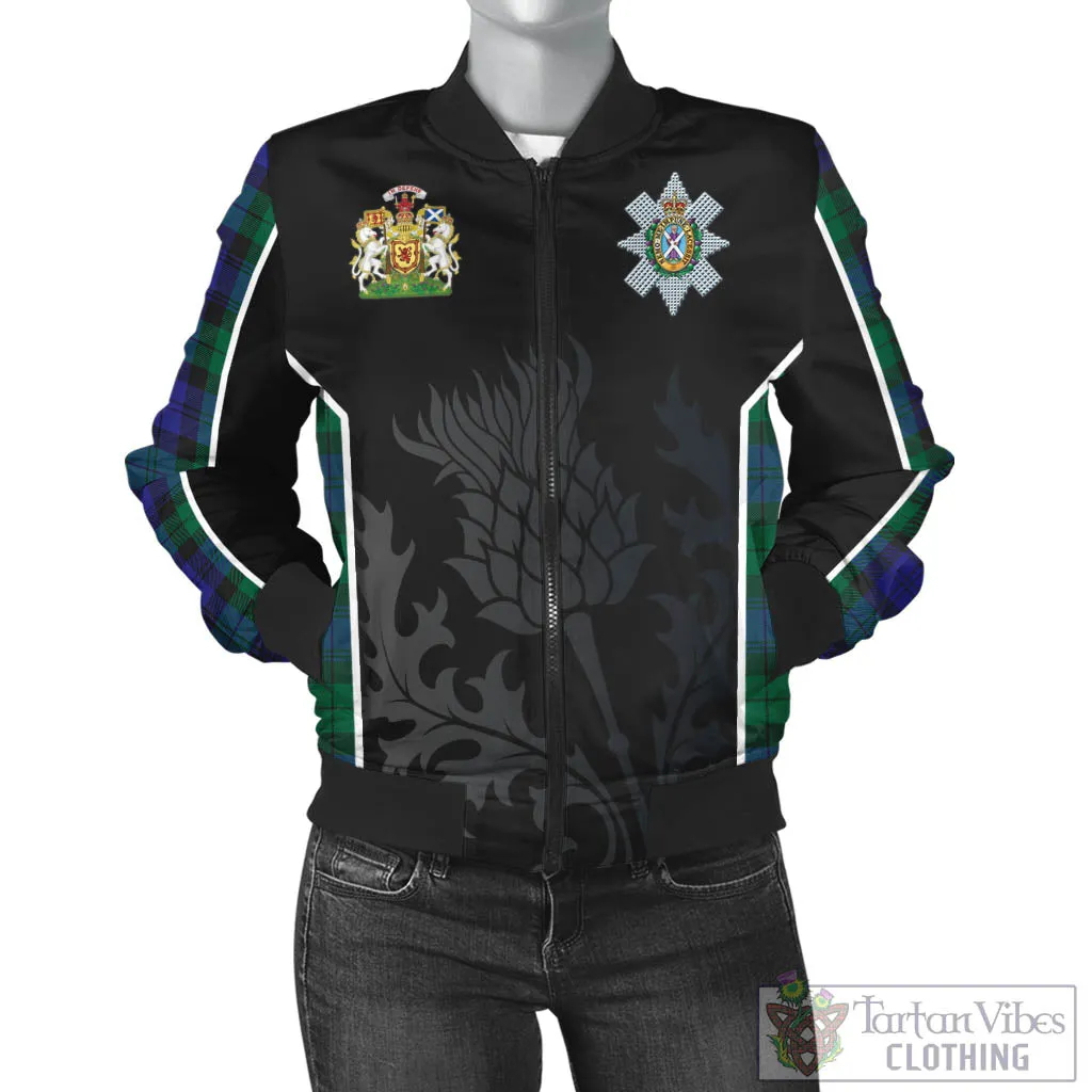 Black Watch Modern Tartan Bomber Jacket with Family Crest and Scottish Thistle Vibes Sport Style