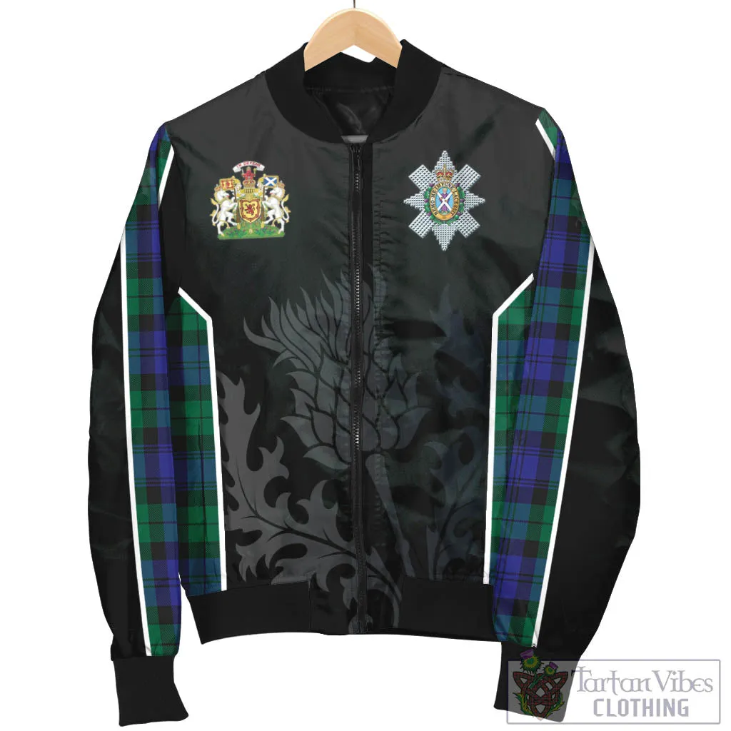 Black Watch Modern Tartan Bomber Jacket with Family Crest and Scottish Thistle Vibes Sport Style