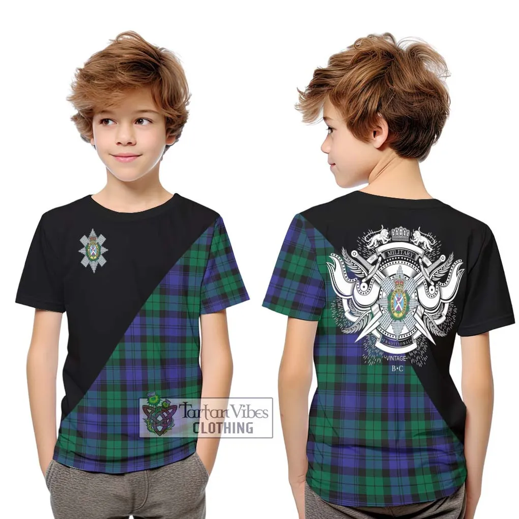 Black Watch Modern Tartan Kid T-Shirt with Family Crest and Military Logo Style