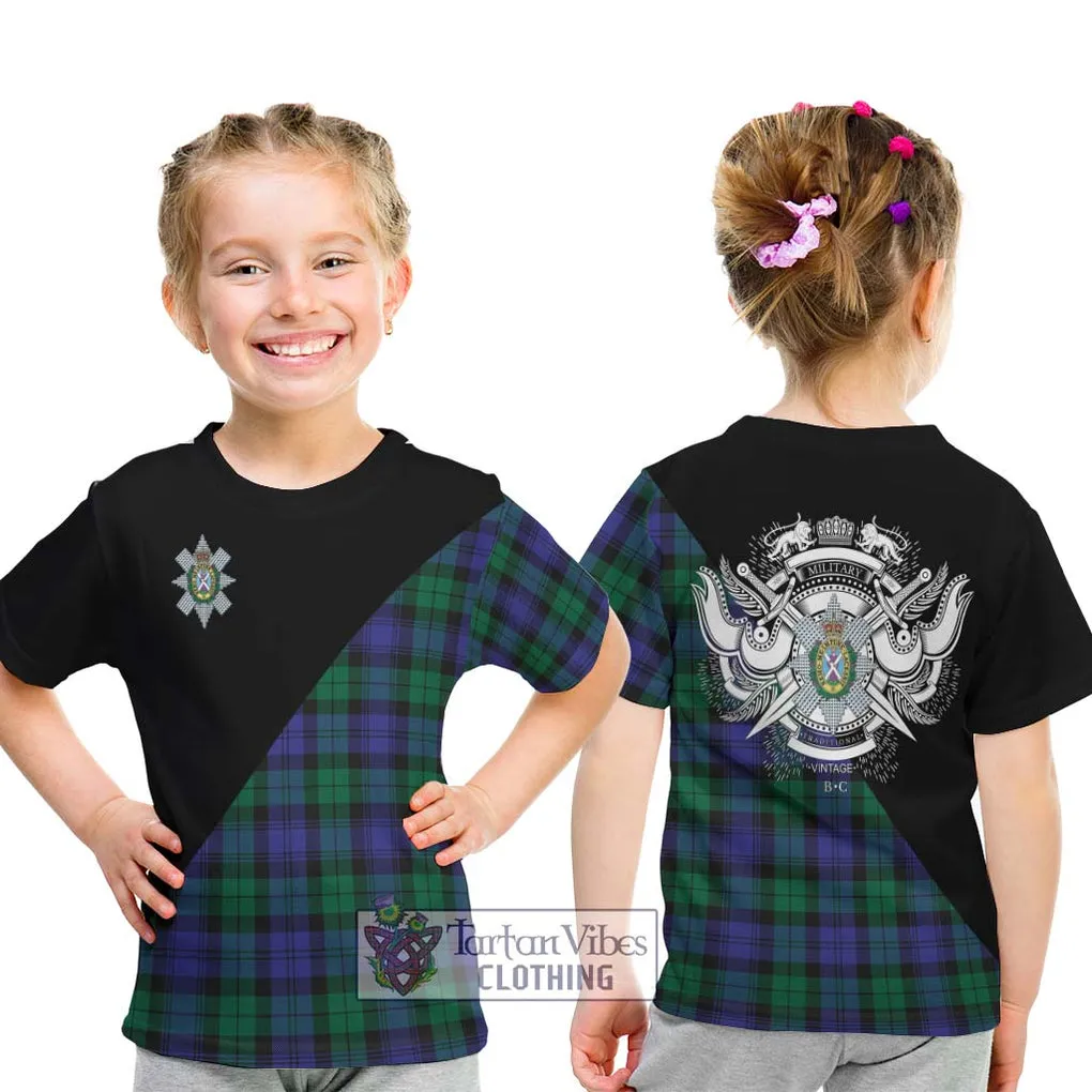 Black Watch Modern Tartan Kid T-Shirt with Family Crest and Military Logo Style