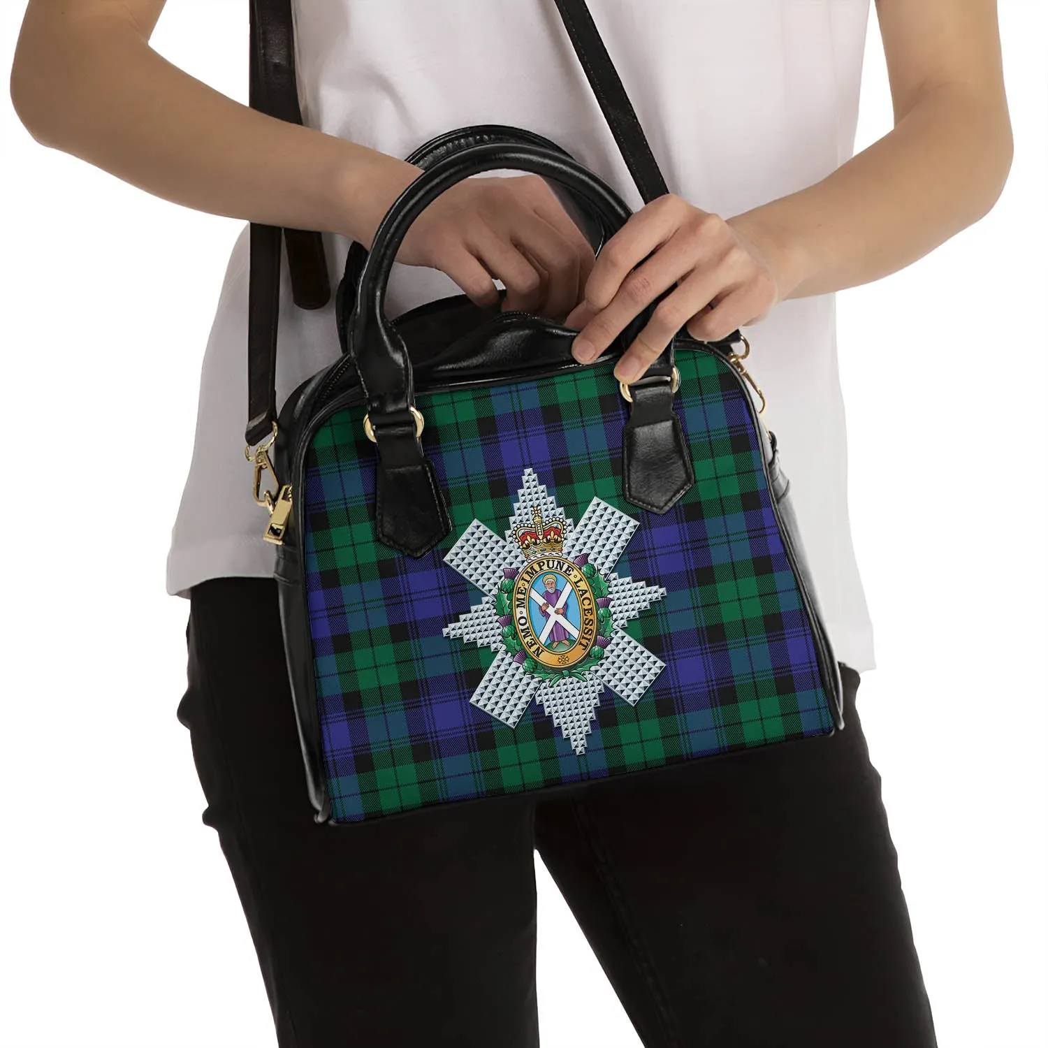 Black Watch Modern Tartan Shoulder Handbags with Family Crest