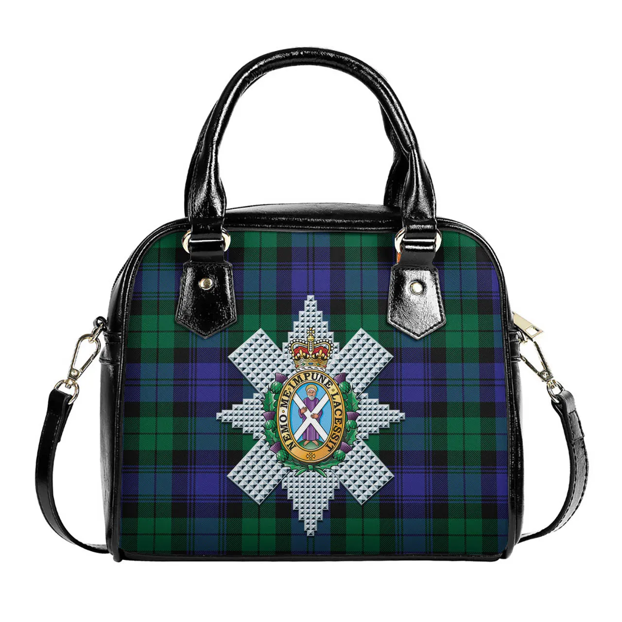 Black Watch Modern Tartan Shoulder Handbags with Family Crest