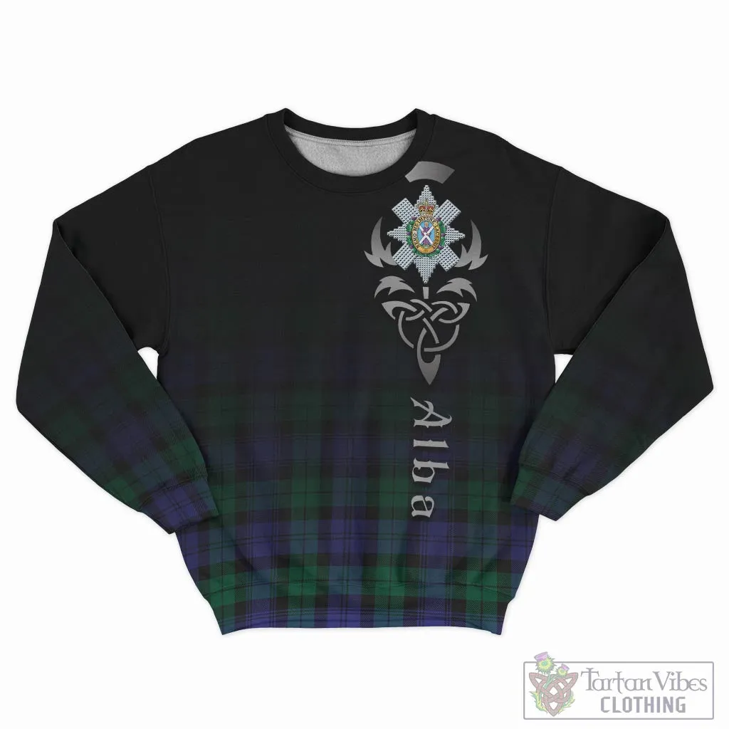 Black Watch Modern Tartan Sweatshirt Featuring Alba Gu Brath Family Crest Celtic Inspired