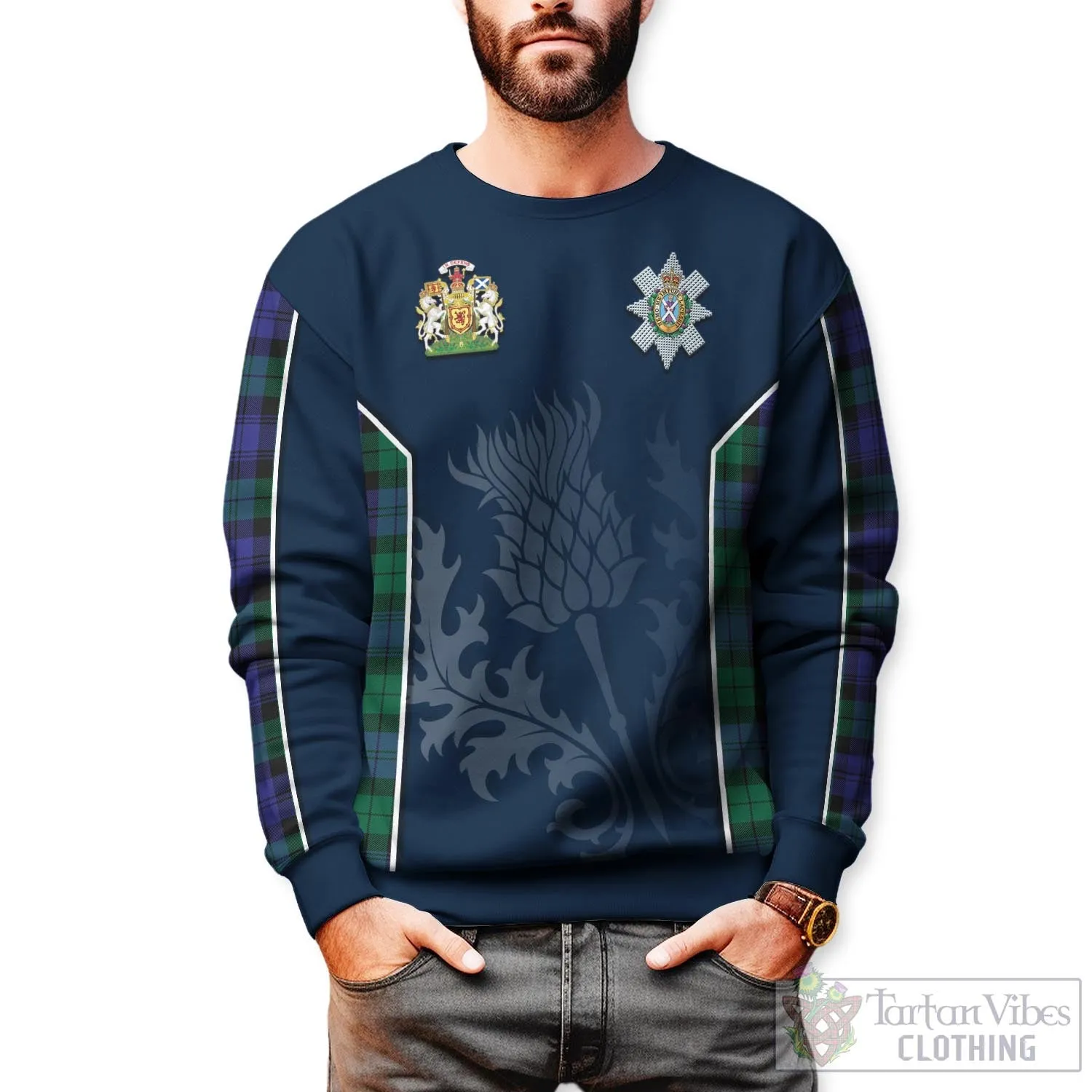 Black Watch Modern Tartan Sweatshirt with Family Crest and Scottish Thistle Vibes Sport Style