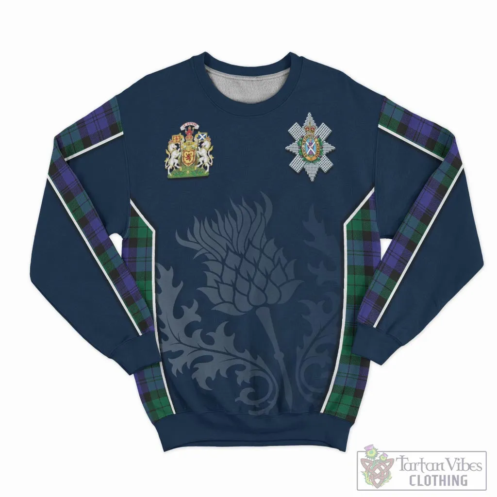 Black Watch Modern Tartan Sweatshirt with Family Crest and Scottish Thistle Vibes Sport Style