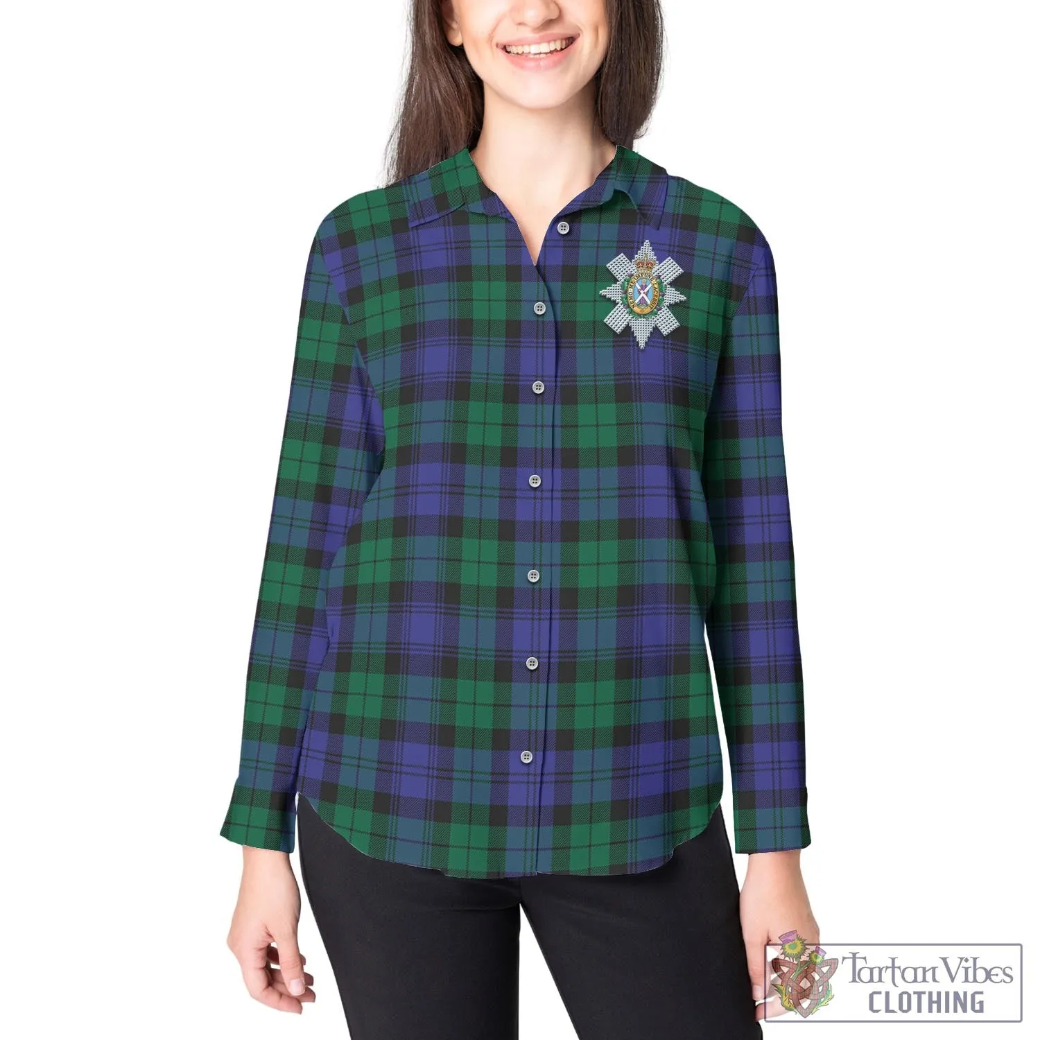 Black Watch Modern Tartan Women's Casual Shirt with Family Crest