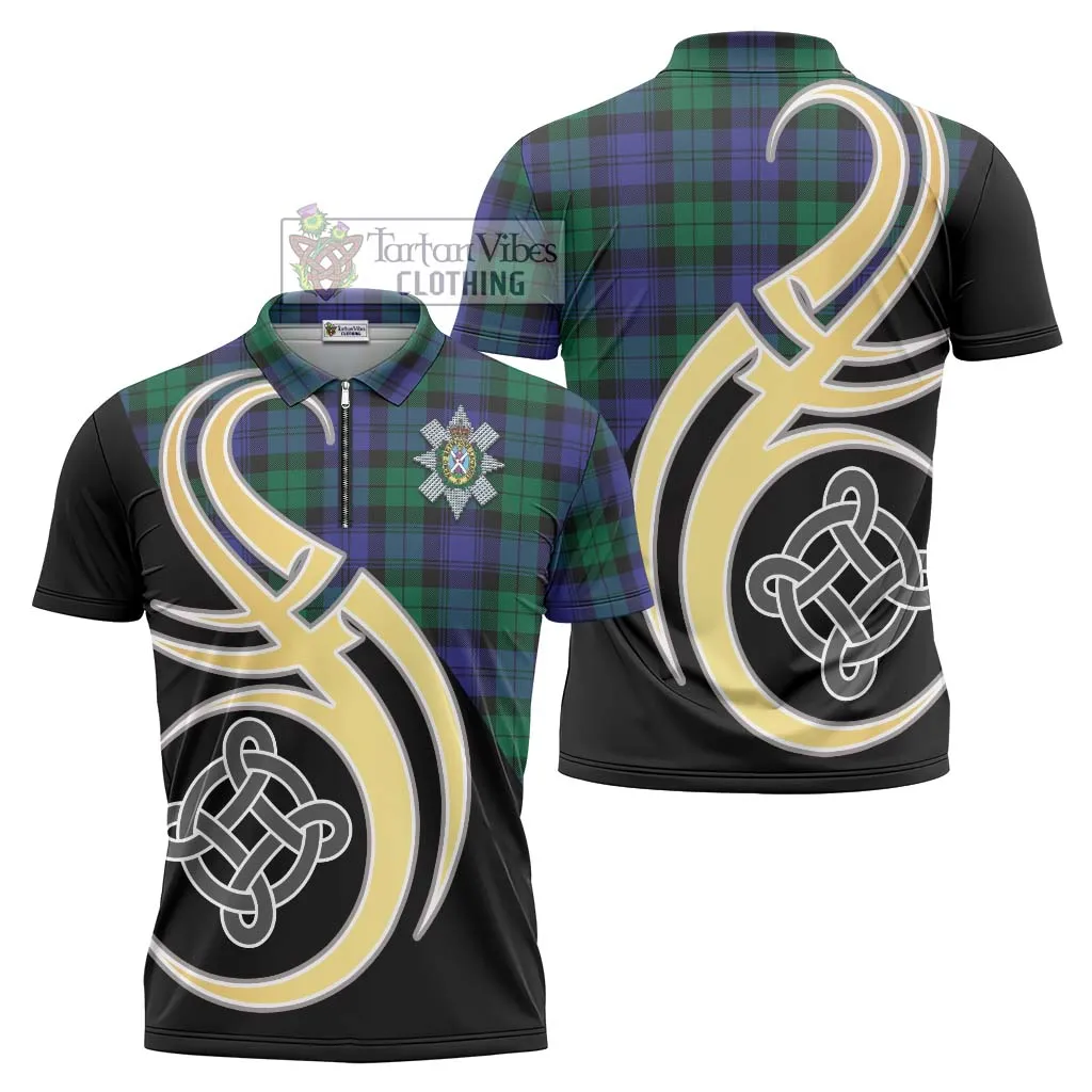 Black Watch Modern Tartan Zipper Polo Shirt with Family Crest and Celtic Symbol Style