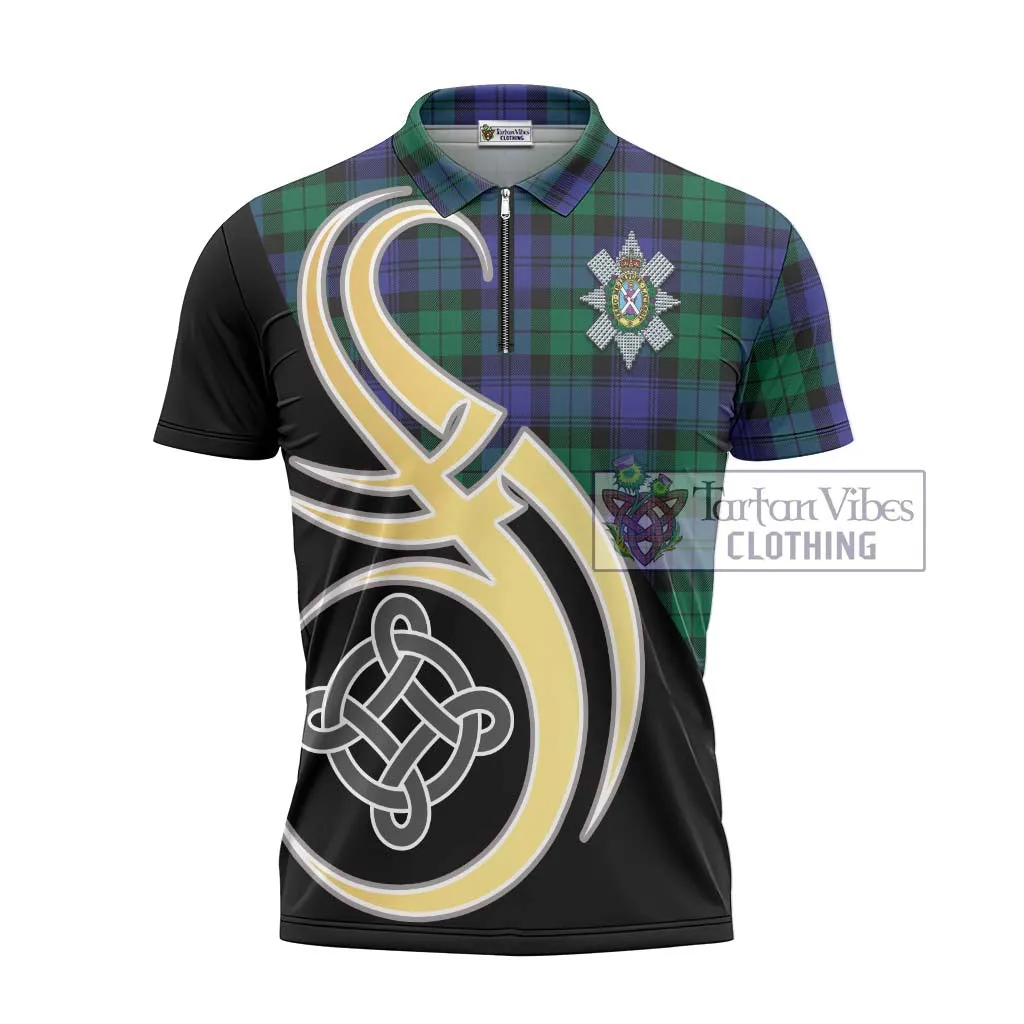 Black Watch Modern Tartan Zipper Polo Shirt with Family Crest and Celtic Symbol Style