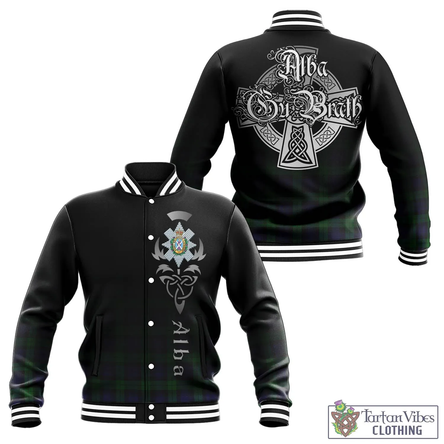 Black Watch Tartan Baseball Jacket Featuring Alba Gu Brath Family Crest Celtic Inspired