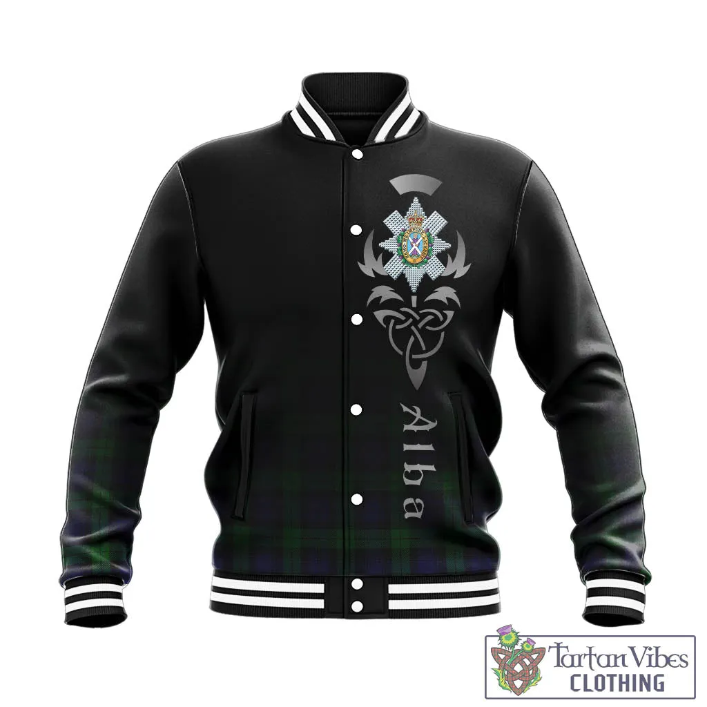 Black Watch Tartan Baseball Jacket Featuring Alba Gu Brath Family Crest Celtic Inspired