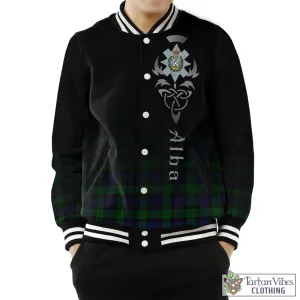 Black Watch Tartan Baseball Jacket Featuring Alba Gu Brath Family Crest Celtic Inspired