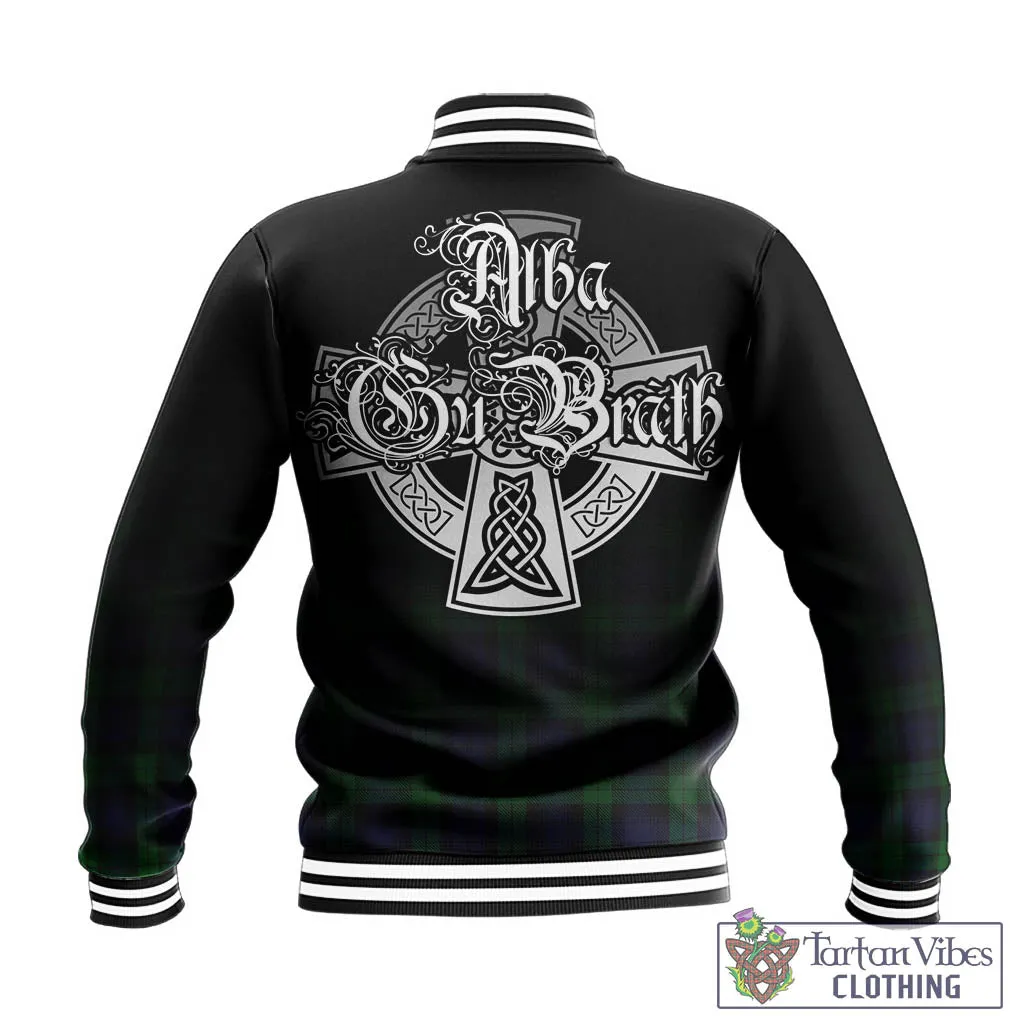 Black Watch Tartan Baseball Jacket Featuring Alba Gu Brath Family Crest Celtic Inspired